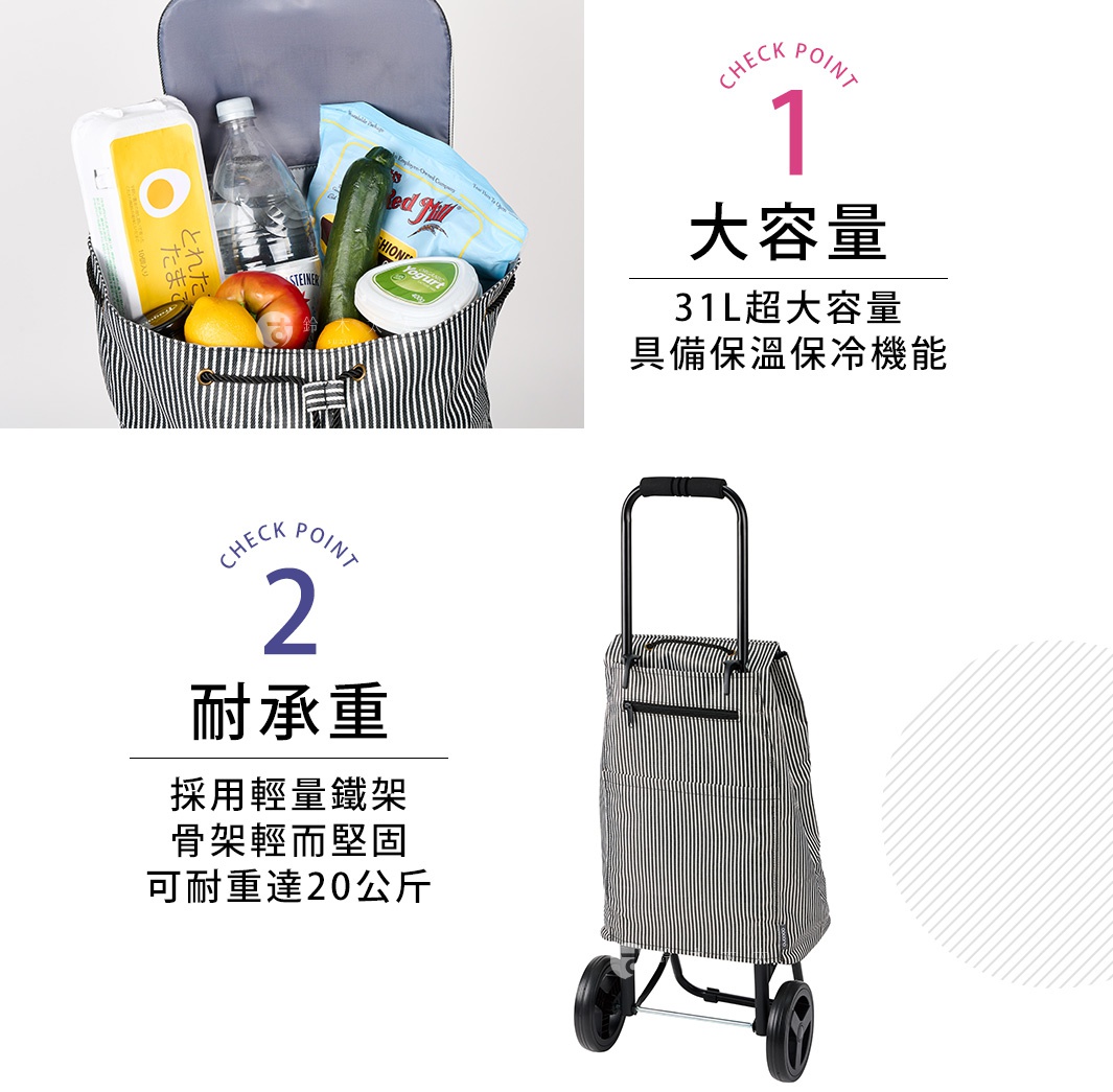 質感條紋三用購物車，黑白條紋帆布材質，配有黑色金屬支架和輪子，頂部可容納食物與雜貨。