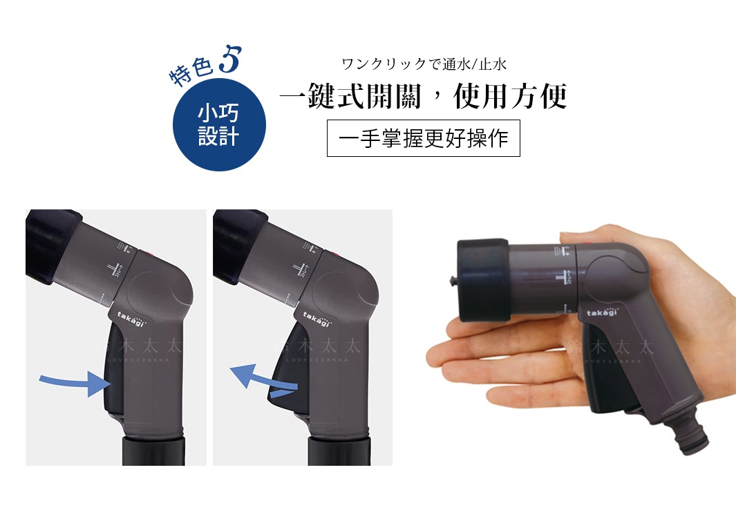 展示一隻手握著深棕色塑料澆花灑水槍，帶有黑色噴嘴和連接器。圖片左側有兩個特寫鏡頭，展示了澆花灑水槍的連接和操作部分，有藍色箭頭指示。