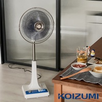 復古風藍白配色 12 吋立扇，金屬扇葉與網罩，白色方形底座配有藍色按鈕和銀色旋鈕。