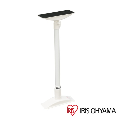 白色傢俱防倒伸縮固定棒，頂部為白色弧形盤狀，附黑色防滑墊，底部為白色扁平底座，可伸縮調節高度。