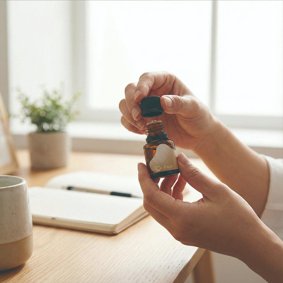 一雙手正打開一瓶標有「Focus」字樣的褐色精油瓶，瓶身旁擺著一本筆記本和一個陶製馬克杯。
