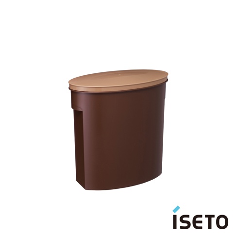深棕色塑膠儲米桶，配有淺褐色圓形蓋子，桶身一側有切口設計，底部穩固。