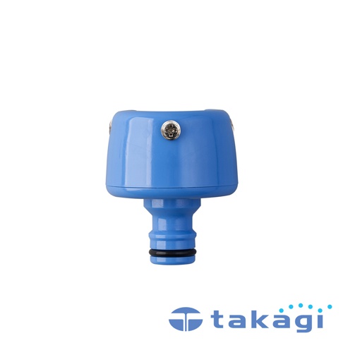 藍色塑膠製四角形出水口通用水龍頭接頭，帶有銀色螺絲固定。