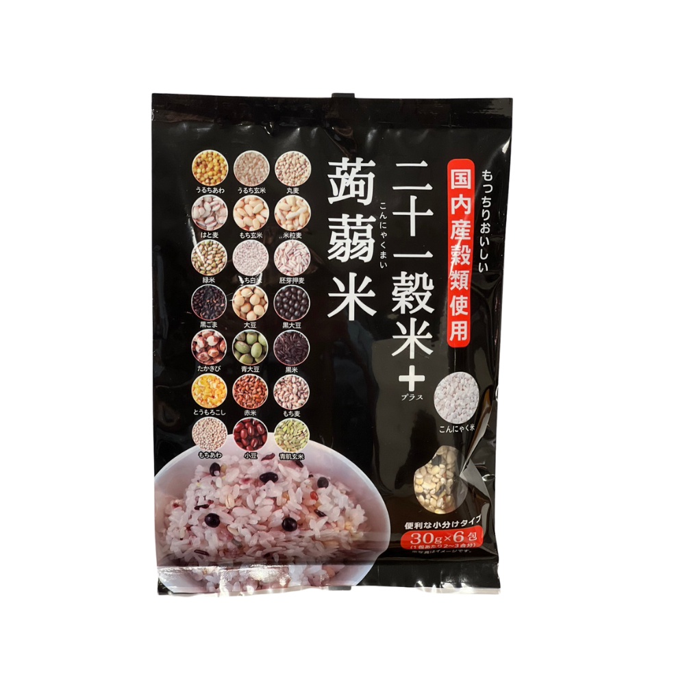 二十一穀米+OHARA蒟蒻米兩件組包裝，黑色背景，印有各式穀物圖案，中間為一碗混合了二十一穀米與蒟蒻米的成品，下方標示產品規格。