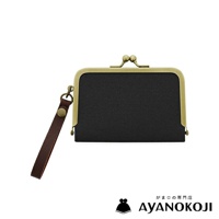 AYANOKOJI 黑色帆布橫式口金卡片收納包，附有咖啡色皮革腕帶。