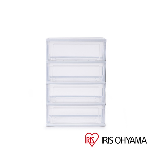 日本IRIS OHYAMA四層抽屜式透明收納櫃，白色框架搭配透明塑膠抽屜，可堆疊設計，方便分類收納各式小物。