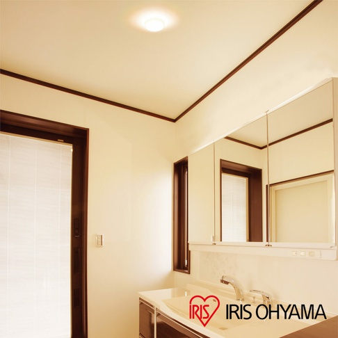 天花板安裝一個圓形LED吸頂燈，燈光柔和，照亮浴室空間。旁邊有深色木框的門和窗，以及帶有大面積鏡子的洗手台。