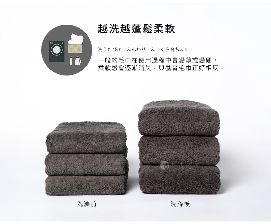 越洗越蓬鬆柔軟
一般的毛巾在使用過程中會變薄或變硬，
柔軟感會逐漸消失，與養育毛巾正好相反。

洗うたびに、ふんわり、ふっくら育ちます。
