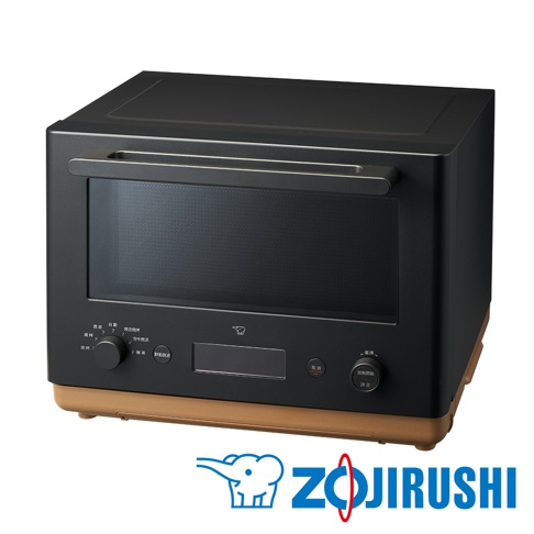 STAN美型烘烤微波爐 ES-SAF26，黑色霧面機身搭配金色烤漆底座，設有黑色鏡面烤漆門板、銀色金屬把手，以及左側黑色旋鈕和右側黑色旋鈕及按鈕，面板有顯示螢幕。