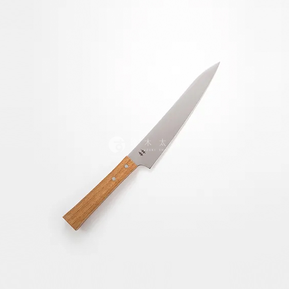 morinoki / Ban nou 萬用刀，銀色不鏽鋼刀刃，木紋色木質刀柄，設有兩個鉚釘。