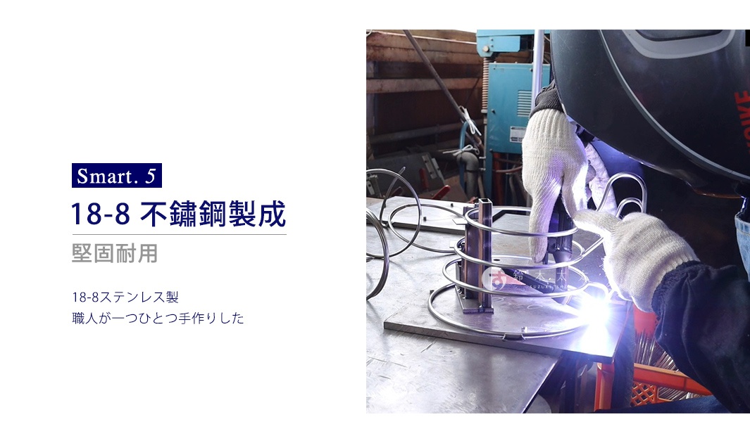一位戴著工作手套的職人正在進行焊接作業，正在製作 Smart Life Supply 的 18-8 不鏽鋼旋轉式調理碗收納架，展現出堅固耐用的產品特性以及職人手工打造的細節。