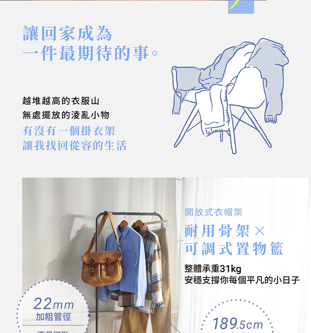 圖片文字：讓回家成為一件最期待的事。越堆越高的衣服山、無處擺放的凌亂小物，有沒有一個掛衣架讓我找回從容的生活。開放式衣帽架，耐用骨架與可調式置物籃，整體承重31kg，安穩支撐你每個平凡的小日子。22mm加粗管徑，189.5cm。