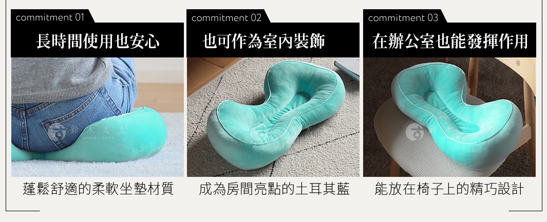 三款時尚土耳其藍的瑜珈感舒壓美姿矯正坐墊，分別展示了長時間使用、室內裝飾及辦公室應用。