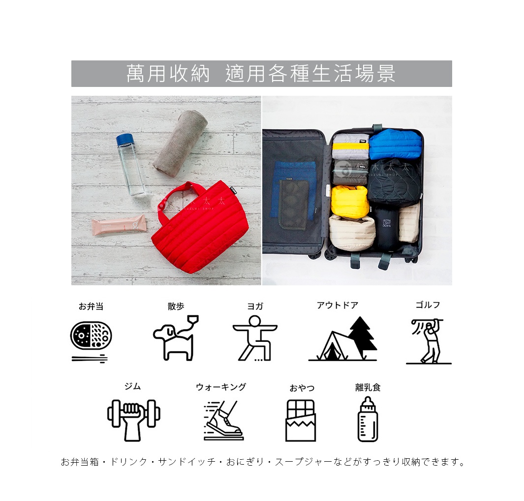 圖片文字：萬用收納 適用各種生活場景。左圖展示紅色空氣感托特包與水瓶、毛巾等物品。右圖顯示行李箱內整齊收納的衣物與配件。下方圖示包括便當、散步、瑜珈、戶外、高爾夫、健身、走路、點心、嬰兒食品等使用場景。底部說明指出該包款可整齊收納便當盒、飲料、三明治、飯糰與保溫罐。