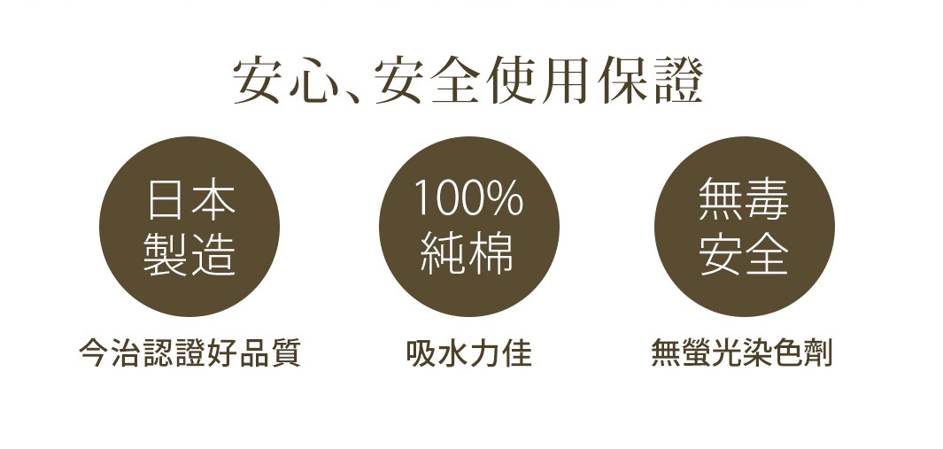 安心、安全使用保證
日本製造
今治認證好品質
100%純棉
吸水力佳
無毒安全
無螢光染色劑