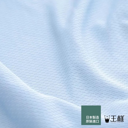 淺藍色網狀紋理織物，柔軟垂墜，左下角有綠色方框，標有「日本製造 原裝進口」字樣，右側為「王樣」品牌標誌。