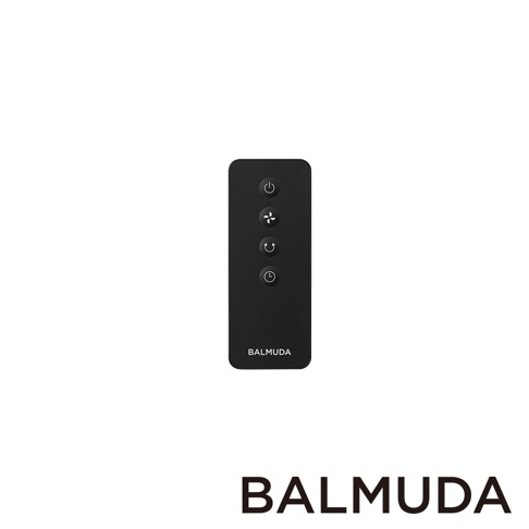 黑色長條形遙控器，頂部有電源圖示，下方依序為風扇、搖頭和定時圖示，底部有 BALMUDA 品牌字樣。