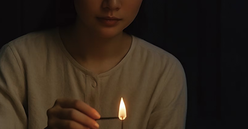 一位身穿淺米色上衣的女性在昏暗背景下，正用點燃的火柴靠近線香，微弱的燭光映照出她沉靜的面容，營造出寧靜且充滿儀式感的氛圍。