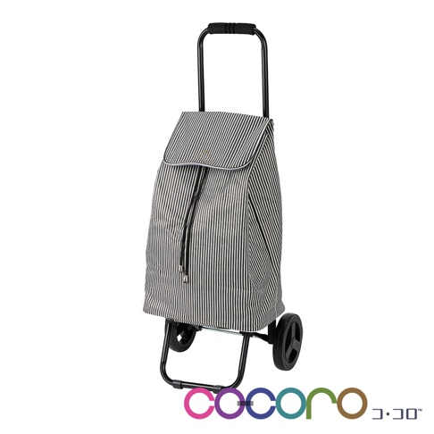 一款黑白細條紋布料製成的三用購物車，配有黑色金屬框架、可伸縮手把和兩個黑色輪子。