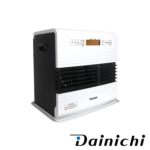 白色電子式煤油暖氣機，搭配黑色側面，頂部有控制面板與顯示螢幕，機身前方有黑色柵欄狀出風口，底部有白色底座，整體為塑膠材質。