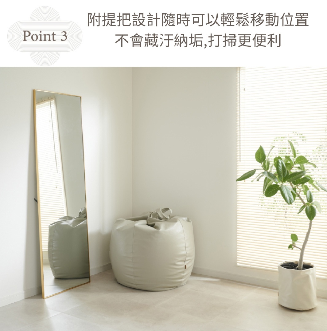 淺灰色皮革材質懶骨頭沙發，附提把設計，旁邊立著一面金色鏡框落地鏡，窗外光線灑入，室內角落擺放一盆綠葉植物。