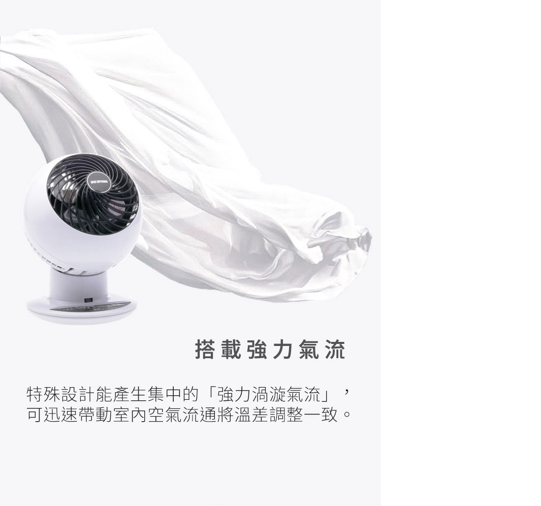 白色圓形空氣循環扇，搭配黑色風扇網罩，底部有灰色底座。產品置於白色布料飄動的背景前。