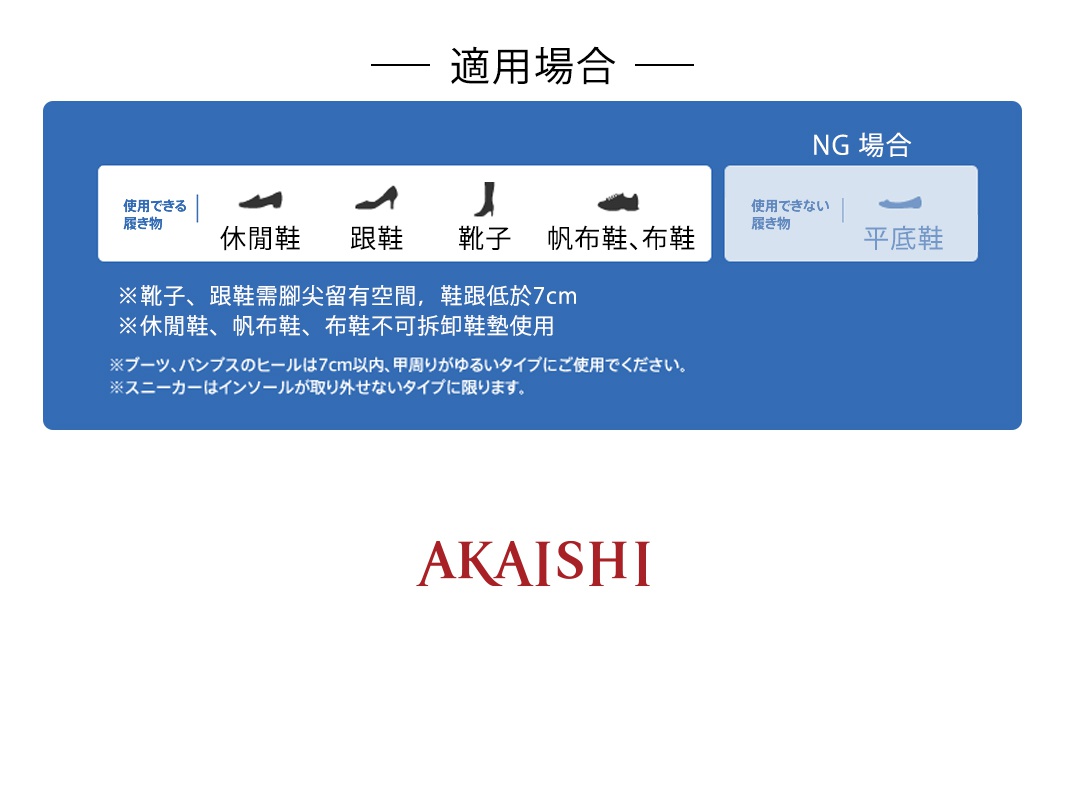 注意事項





適用場合

休閒鞋

跟鞋

靴子

帆布鞋、布鞋

NG 場合

平底鞋

＊靴子、跟鞋需腳尖留有空間，鞋跟低於7cm
＊休閒鞋、帆布鞋、布鞋不可拆卸鞋墊使用
