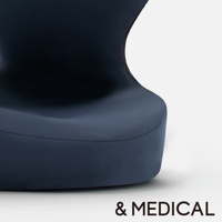 深藍色美姿正座椅，織物材質，呈現人體工學曲線設計，提供支撐。