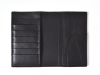 職人手作皮革多用途收納長夾 (KB-5)，黑色皮革長夾展開，左側有六個直式卡夾，右側有兩個直式內袋，材質為真皮，縫線工整。