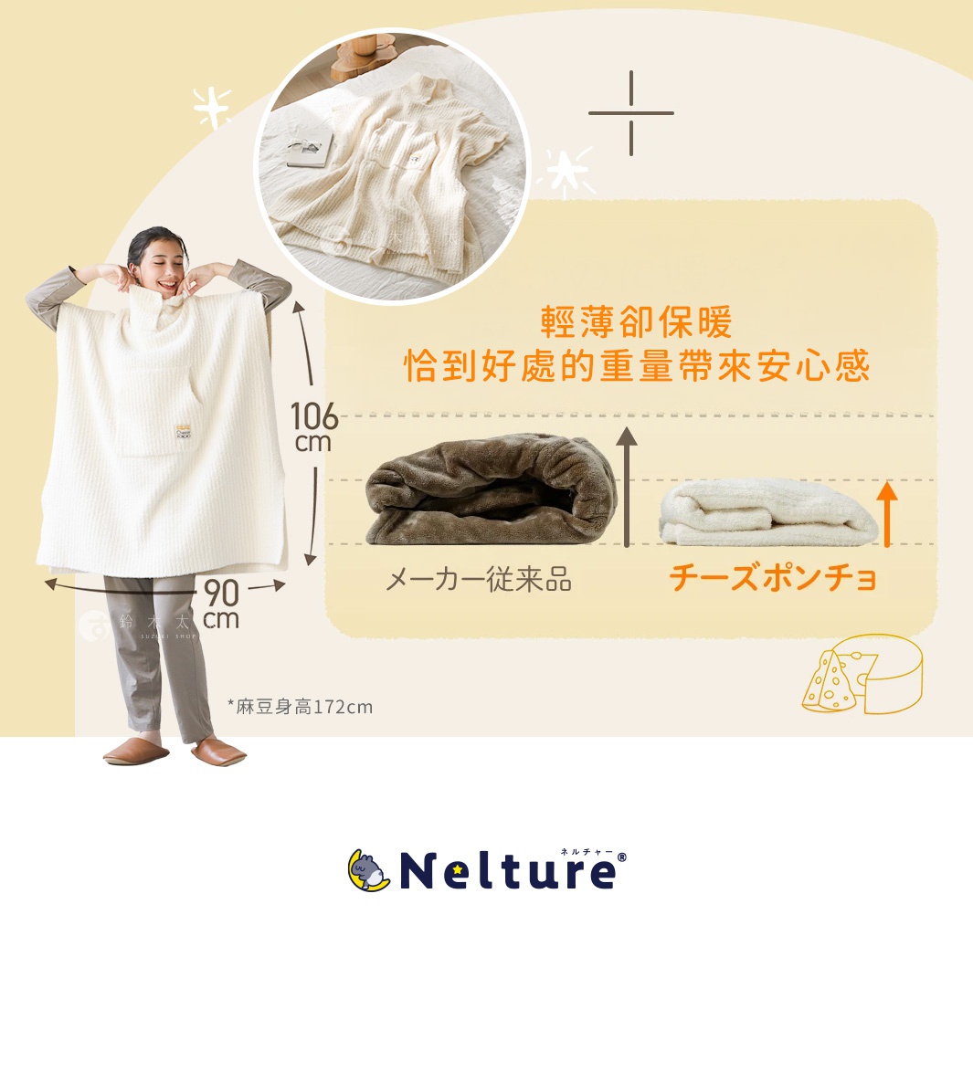 一位女子穿著白色連帽斗篷，斗篷標示尺寸為寬90公分，長106公分，此為麻豆身高172公分，圖片展示斗篷的柔軟材質，並與另一款深棕色材質做比較，上方有日文和中文文字說明。