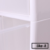 白色塑膠材質的疊疊三抽夾縫收納櫃，展示部分抽屜滑軌與櫃體結構，角落印有「like-it.」商標。