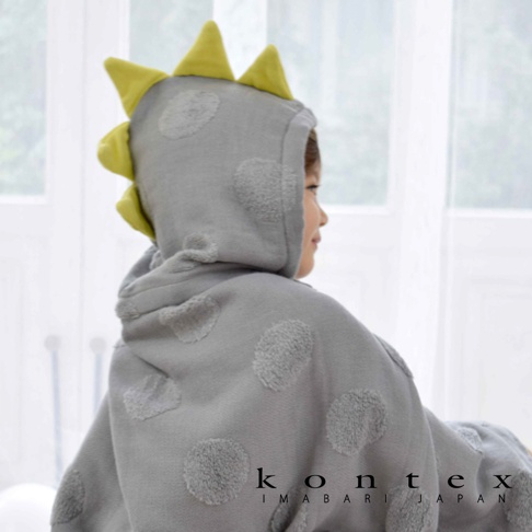 今治純棉小恐龍連帽浴巾，灰色，有黃色恐龍刺，圓點紋理，純棉材質。