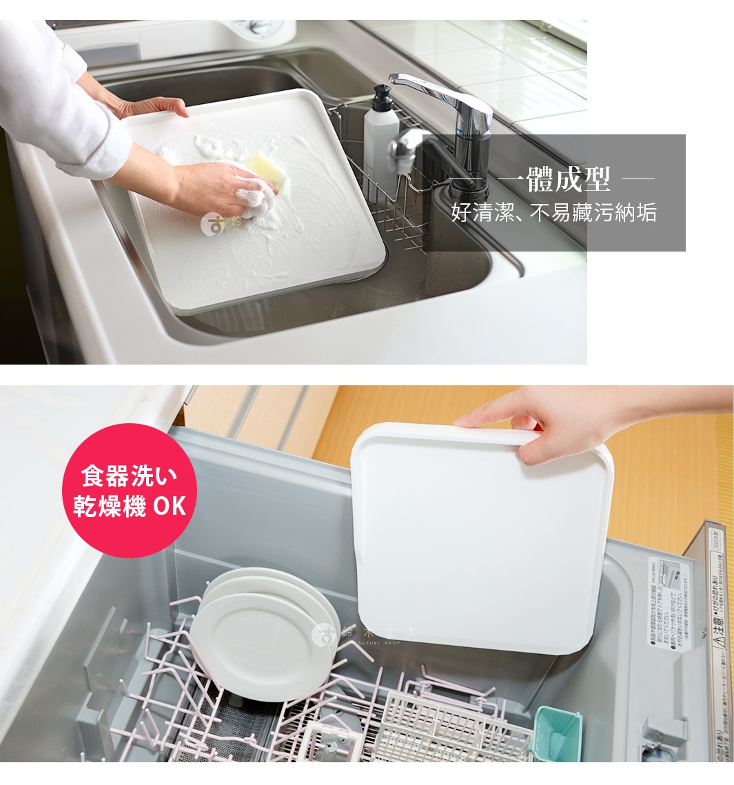 白色防溢大砧板，材質為塑膠，上方展示洗滌情境，下方展示放入洗碗機乾燥。