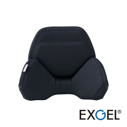 深藍色汽車用背墊，具有雙翼支撐設計，表面為布質，中央有垂直車縫線，左側有白色EXCEL標籤。