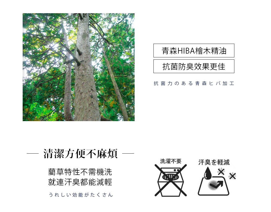 RALPH 藺草和風居家地墊 M，展示青森HIBA檜木精油的抗菌防臭效果，以及無需水洗、減少汗臭的特性。