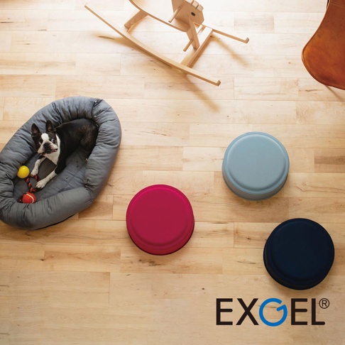 YUKA PUNI 墊高圓座墊，有深藍、粉紅、淺藍三種顏色，圓形設計，表面光滑，底部有較深的邊緣，置於淺木紋地板上。