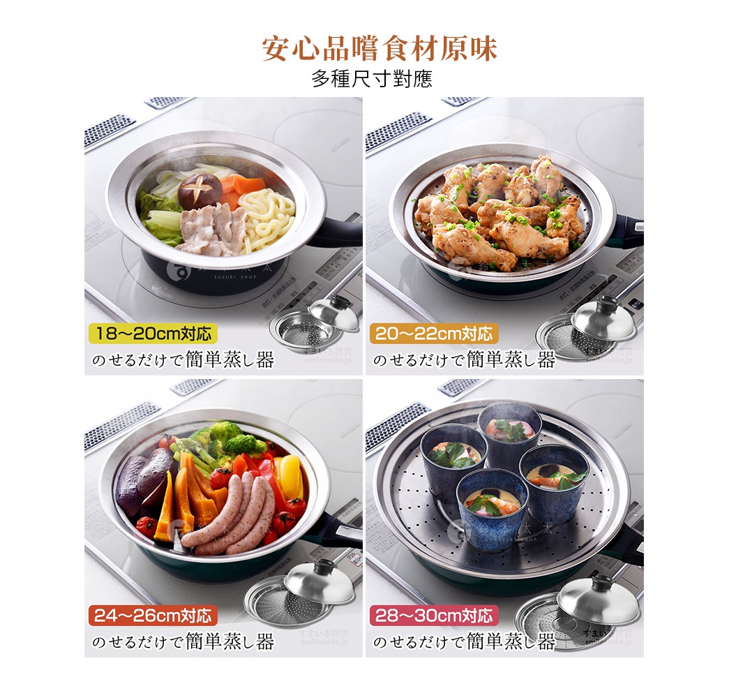 逸品物創不鏽鋼附蓋簡易蒸盤，左上圖展示蒸煮火鍋料，右上圖展示蒸煮雞翅，左下圖展示蒸煮香腸和蔬菜，右下圖展示蒸煮茶碗蒸，蒸盤均為銀色不鏽鋼材質。
