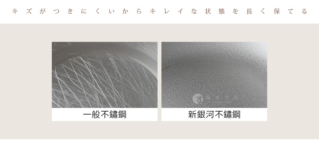 比較圖顯示一般不鏽鋼鍋具的表面有明顯刮痕，而另一款新銀河不鏽鋼調理碗則表面平整，耐刮損。