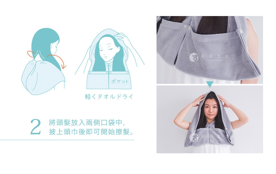 2.
將頭髮放入兩側口袋中，
披上頭巾後即可開始擦髮。
