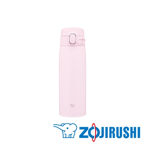 粉紅色不鏽鋼一體式中栓彈蓋式真空保溫保冷杯，帶有象印標誌。
