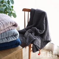 八層紗透氣被，圖片展示深灰色被子搭在木椅上，旁邊堆疊粉色、淺灰色和藍色被子。