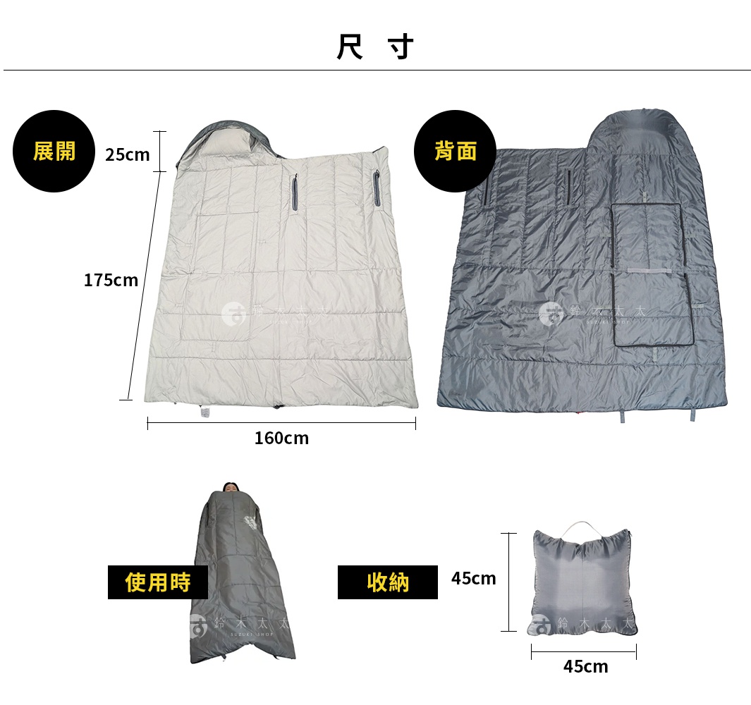 這張圖展示了MIX UP JAPAN Phase Free 多功能日常防災抱枕睡袋的尺寸和兩種顏色。左側是展開狀態的淺灰色睡袋，尺寸標註為175公分長、160公分寬、25公分厚。右側是展開狀態的深灰色睡袋。下方展示了睡袋使用時的樣子，以及收納後呈抱枕狀的狀態，收納尺寸為45x45公分。