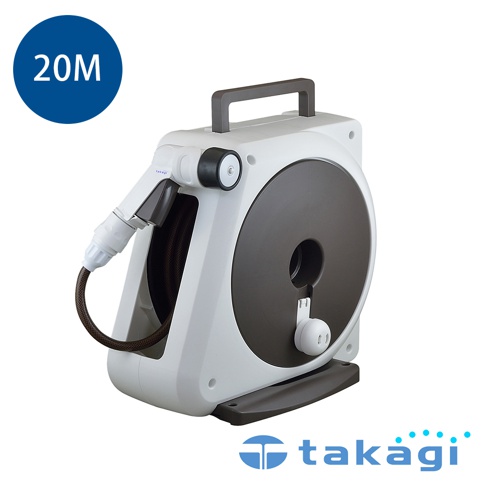 白色與深灰色調的takagi品牌園藝澆花灑水槍組，左上角標示20M長度，主體為方形收納盒設計，搭配手把方便移動，側邊設有圓形轉盤與手搖桿用於收納水管，前方配有白色噴水槍頭，整體外觀精巧簡約。