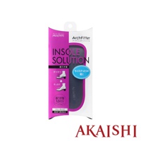 Akaishi ArchFitter 超薄型釋壓鞋墊包裝，主體為粉紫色與白色，中央展示一雙深灰色超薄鞋墊。包裝上印有日文與英文產品資訊，包括「INSOLE SOLUTION」、「超うす型」、「FREE SIZE 22.0~24.5cm」，以及兩張示意圖。