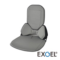 灰色汽車用輕薄背靠坐墊，包含座墊和可調節的背部支撐，材質為網布和 PU 皮革，整體設計符合人體工學。