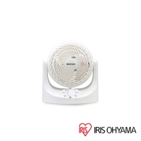 白色IRIS OHYAMA桌上型空氣循環扇TAF-MKM10N，具有可調節角度的圓形風扇頭，帶有網狀格柵，風扇底部設有旋鈕式控制面板。