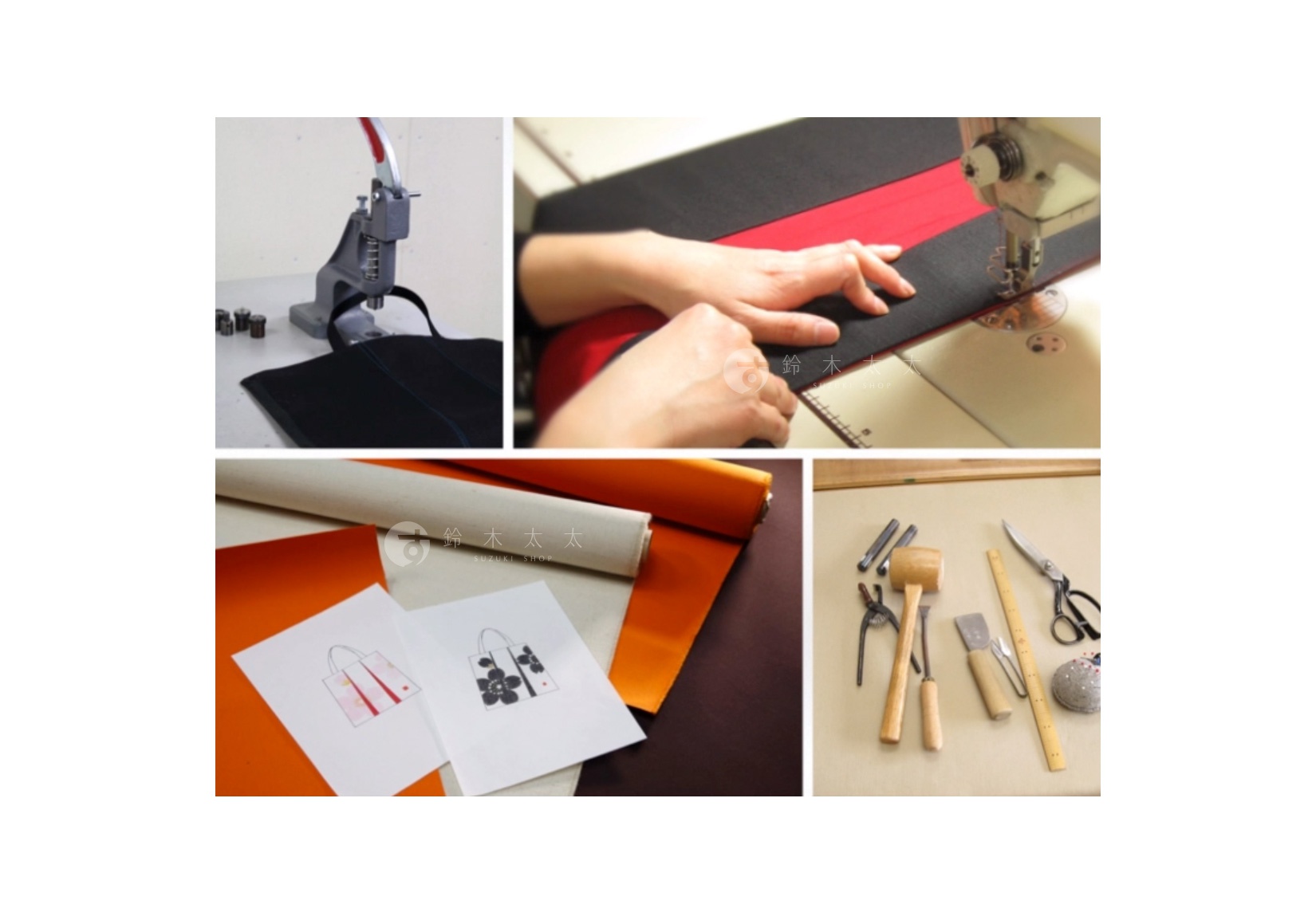 這組拼貼照片展示了京都KOSHO帆布化妝收納包的製作過程，包含使用手壓機具、縫紉機車縫面料、繪製產品設計草圖，以及整齊排列的工藝工具，呈現從設計到手工縫製的細緻職人工作場景。