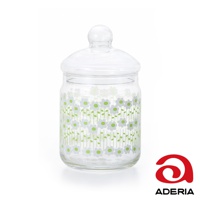 昭和復古玻璃儲物罐，透明玻璃材質，瓶身印有細緻的白色小花和綠色花莖圖案，配有圓形玻璃蓋。