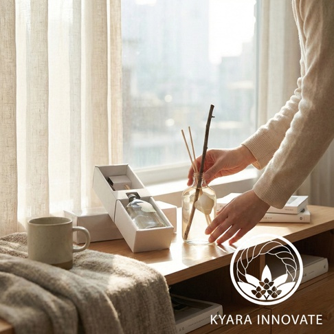 KYARA INNOVATE 擴香竹，在窗邊光線柔和的環境下，將擴香棒插入裝有香氛的瓶中。