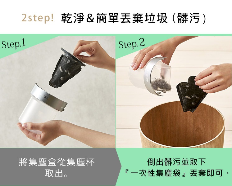 展示雙氣旋偵測除蹣清淨機的集塵盒與集塵袋，銀色集塵杯透明，黑色集塵袋內含灰色塵螨。